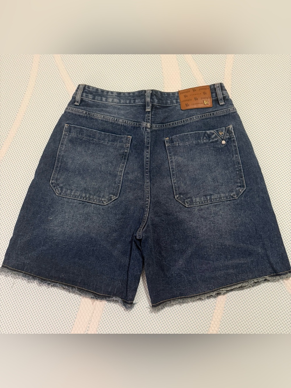 YoungLA Dark Indigo Denim Cargo Shorts with Graphic Print - Picture 2 of 2